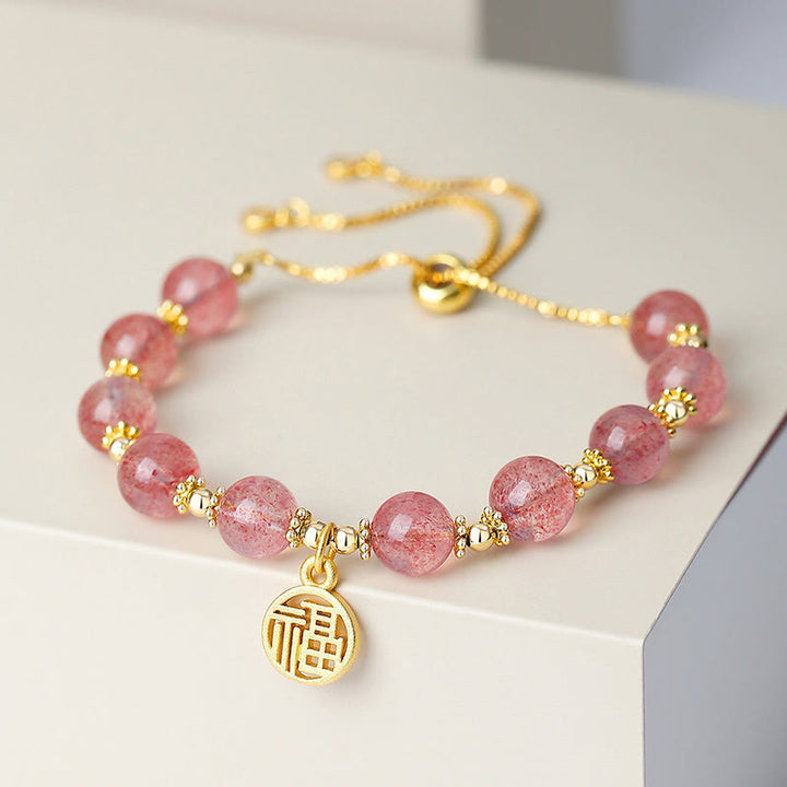 Buddha Stones 14K Gold Plated Natural Strawberry Quartz Fu Character Positive Charm Bracelet - Strawberry Quartz(Love♥Healing)(Wrist Circumference 15-18cm) - image 0