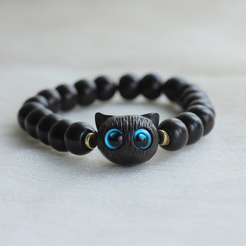 Buddha Stones Ebony Wood Green Sandalwood Cute Cat Peace Bracelet - Ebony Wood(Balance♥Calm) - image 0