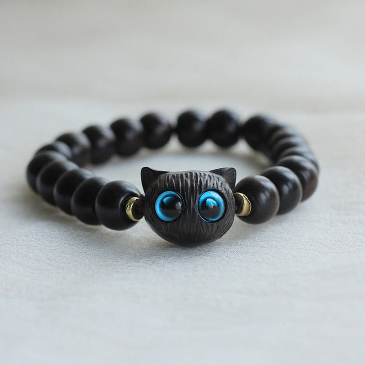 Buddha Stones Ebony Wood Green Sandalwood Cute Cat Peace Bracelet - Ebony Wood(Balance♥Calm) - image 0