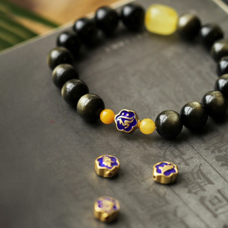 Buddha Stones 925 Sterling Silver Chinese Zodiac Natal Buddha Natural Gold Sheen Obsidian Amber Wealth Protection Bracelet - image 12