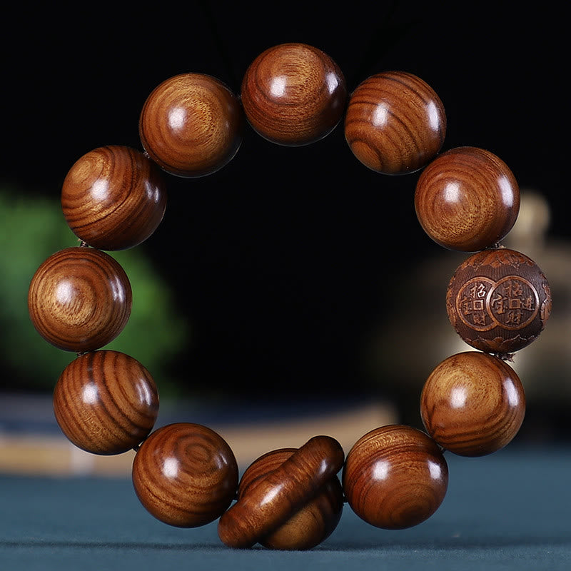 Buddha Stones Chinese Zodiac Rosewood Green Sandalwood Ebony Wood Copper Coin Carved Calm Bracelet - Rosewood - image 1