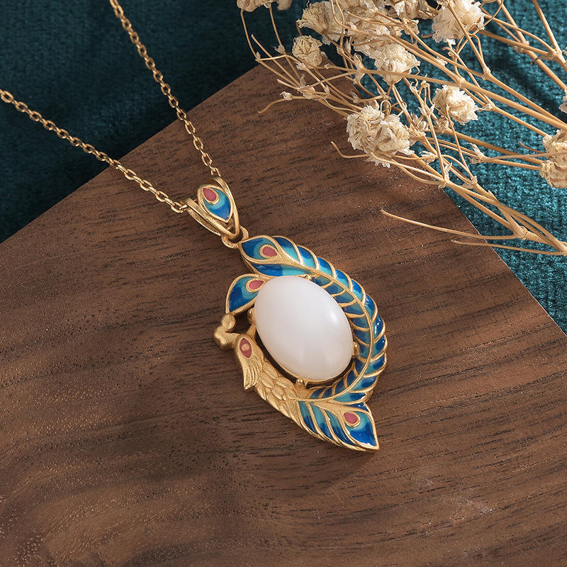 White Jade Peacock Copper Blessing Necklace Pendant - image 1