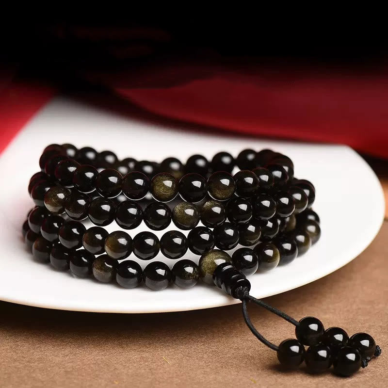 Buddha Stones 108 Mala Beads Natural Gold Sheen Obsidian Wealth Bracelet - image 1