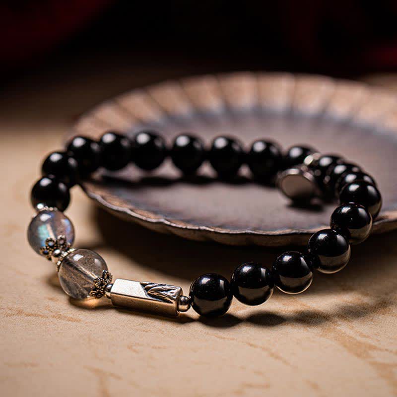 Buddha Stones 925 Sterling Silver Obsidian Moonstone Strength Couple Bracelet - image 1