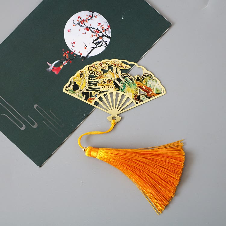 Buddha Stones Traditional Butterfly Lotus Flower Crane Dragon Phoenix Fox Koi Fish New Beginning Metal Brass Hollow Fan Bookmarks - Tree Pavilion - image 19