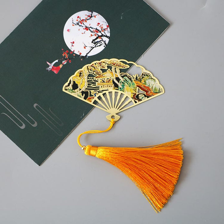 Buddha Stones Traditional Butterfly Lotus Flower Crane Dragon Phoenix Fox Koi Fish New Beginning Metal Brass Hollow Fan Bookmarks - Tree Pavilion - image 19
