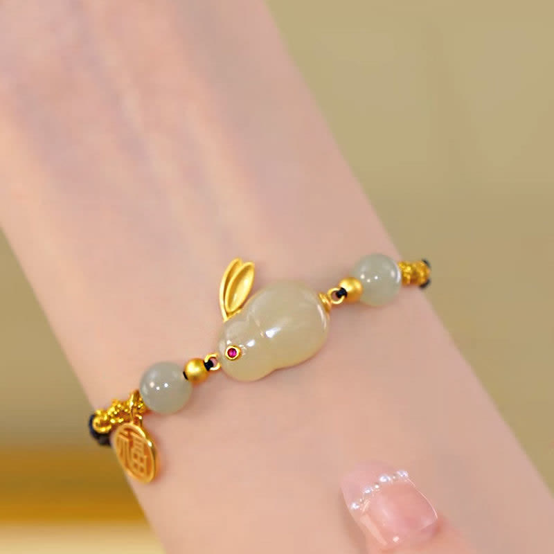 Year of the Rabbit Red Agate Jade Bunny Confidence String Bracelet - image 1