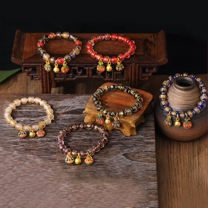 Buddha Stones Gold Swallowing Beast Family Charm Gold Silver Foil Liuli Glass Bead Blessings Bracelet - image 9