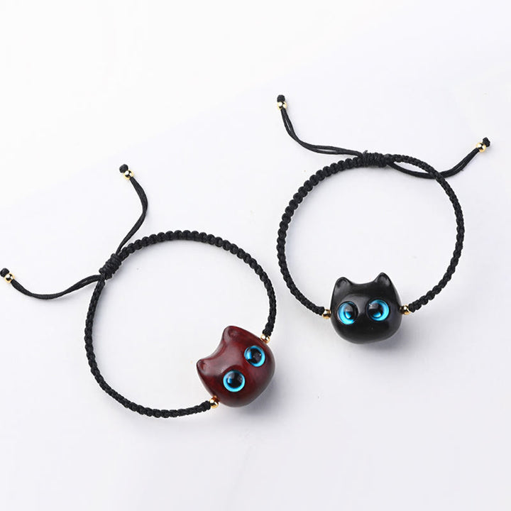 Buddha Stones Small Leaf Red Sandalwood Ebony Wood Cute Cat Head Calm Protection Braided Bracelet - image 17