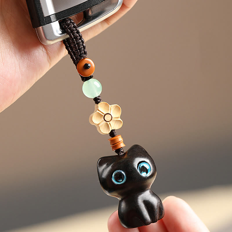 Buddha Stones Mini Small Leaf Red Sandalwood Ebony Wood Lucky Cat Lovely Kitty Peace Key Chain Phone Hanging Decoration - image 5