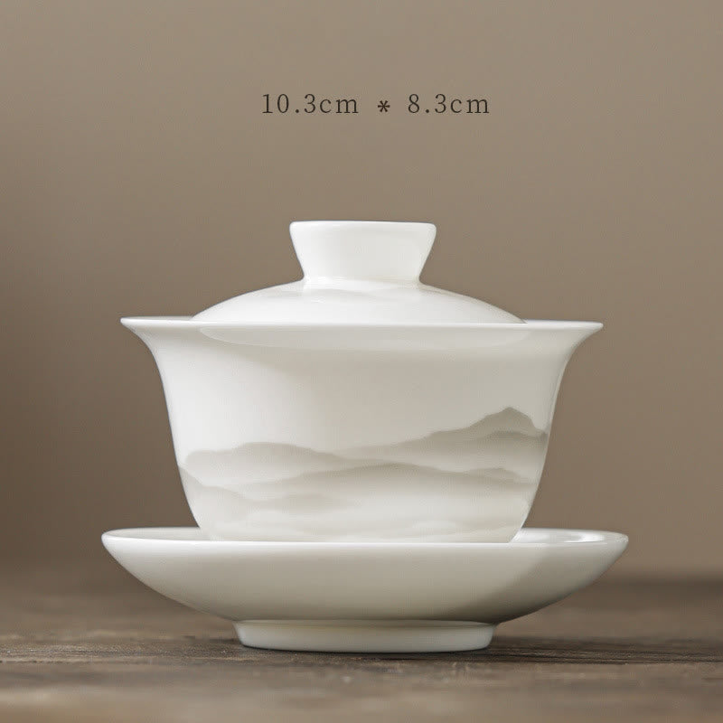 Buddha Stones Vintage Ink Painting Mountain White Porcelain Ceramic Gaiwan Sancai Teacup Kung Fu Tea Cup And Saucer With Lid Tea Utensil Teapot - image 9