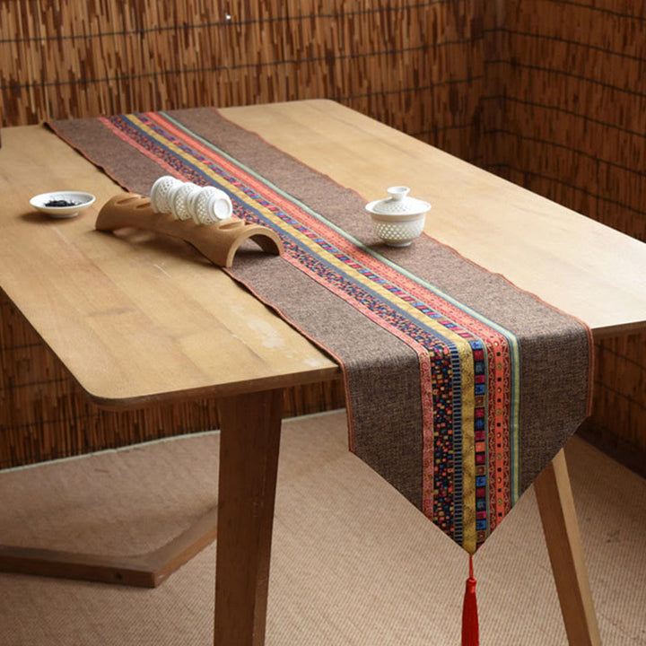 Buddha Stones Classic Chinese Style Lotus Koi Fish Flower Crane Calligraphy Enlightenment Cotton Linen Tassels Table Runner - image 10