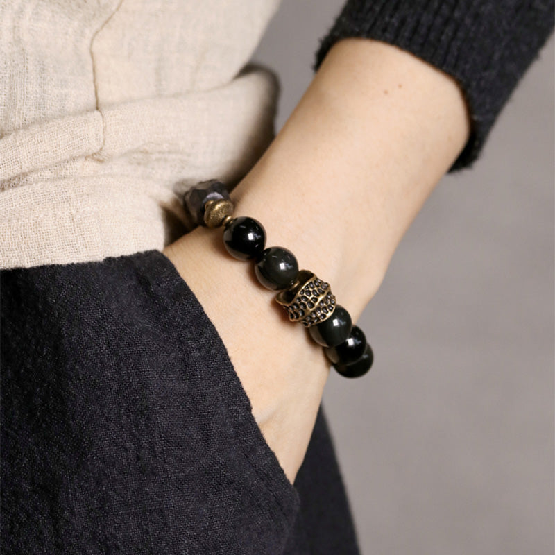 Buddha Stones Black Obsidian Ebony Wood Copper Strength Couple Bracelet - image 2