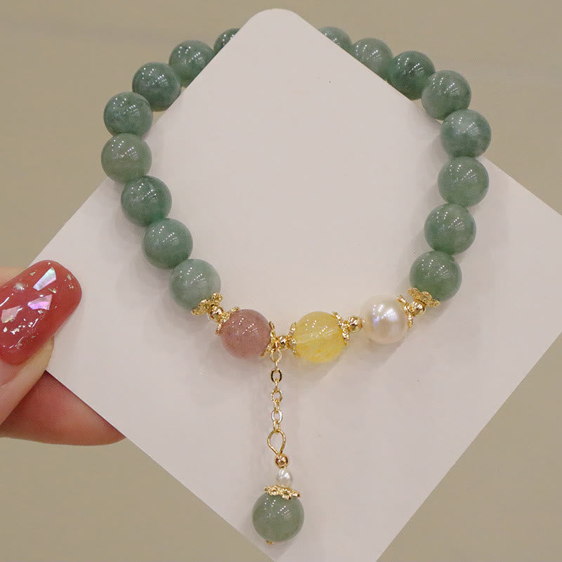 Buddha Stones Jade Pearl Strawberry Quartz Abundance Luck Bead Charm Bracelet - image 1