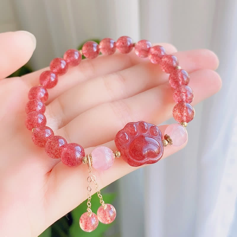 Buddha Stones Natural Strawberry Quartz Pink Crystal Lucky Cat Paw Love Bracelet - image 3