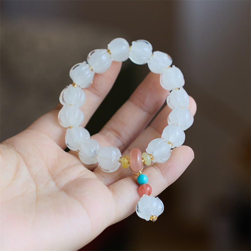 Buddha Stones Liuli Glass Bead Lotus Design Fluorite Ivory Fruit Dancing Lion Charm Enlightenment Bracelet - image 7