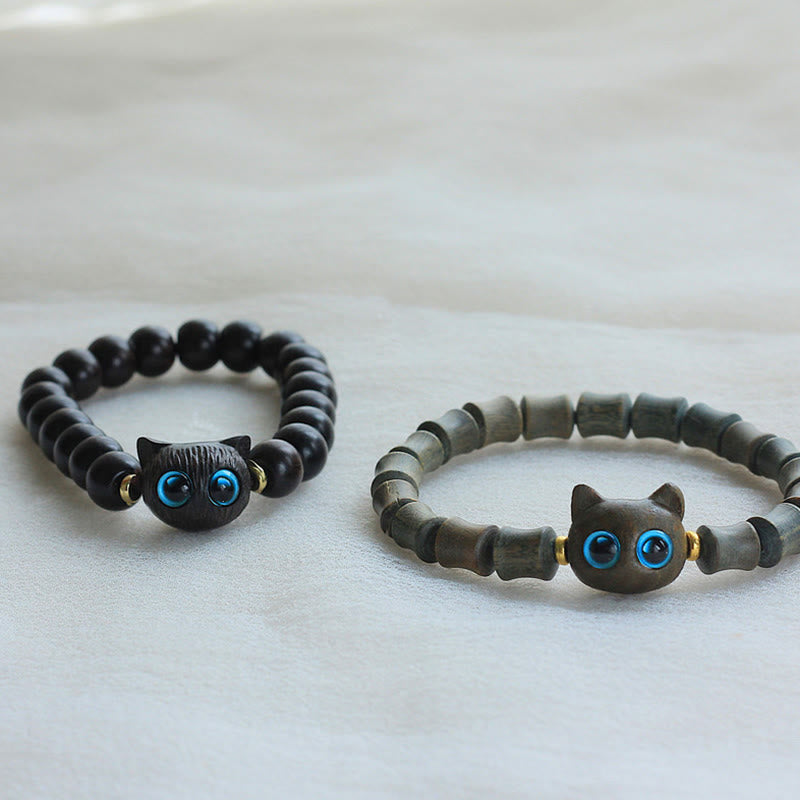 Buddha Stones Ebony Wood Green Sandalwood Cute Cat Peace Bracelet - image 1