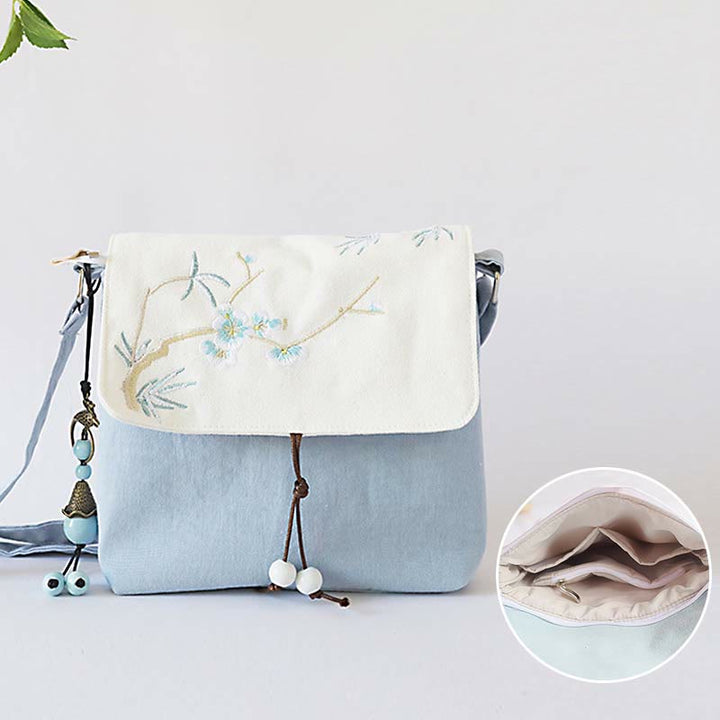 Buddha Stones Handmade Embroidered Plum Flowers Canvas Crossbody Bag Shoulder Bag Handbag - image 1