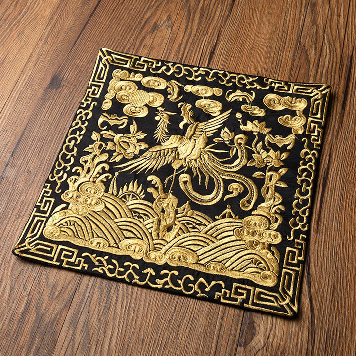 Buddha Stones Phoenix Dragon Kirin Embroidery Cup Mat Pad Tea Cup Coaster Kung Fu Tea Mat - Golden Black Phoenix - image 15