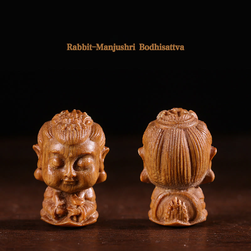Buddha Stones Chinese Zodiac Natal Buddha Green Sandalwood Lotus Engraved Positive Home Decoration - Rabbit-Manjushri Bodhisattva - image 5