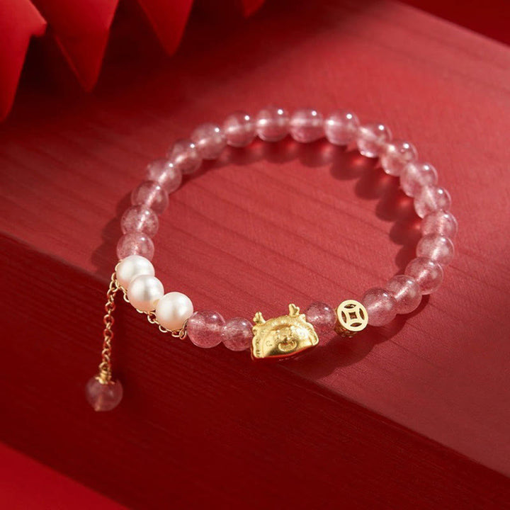 Buddha Stones Year of the Dragon Dumpling Natural Red Agate Garnet Hetian Jade Fu Character Luck Success Bracelet - Strawberry Quartz Pearl(Wrist Circumference 14-16cm) - image 12