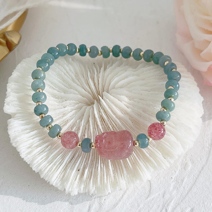 Buddha Stones Natural Hetian Jade Pearl Peace Buckle Fu Character Gourd Money Bag Strawberry Quartz PiXiu Luck Bracelet - Hetian Jade Strawberry Quartz PiXiu - image 11