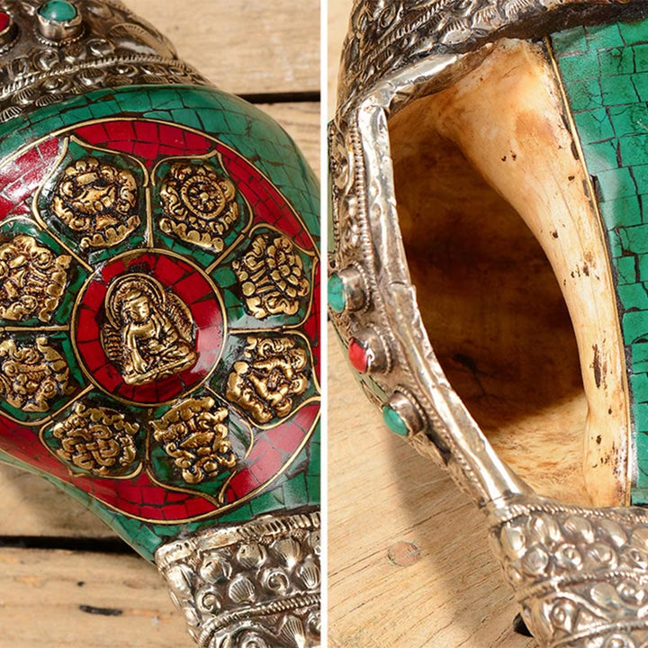 Buddha Stones Tibetan Handmade Engraved Shankha Double Dorje Buddha Conch Shell Wealth Positive Decoration - image 12