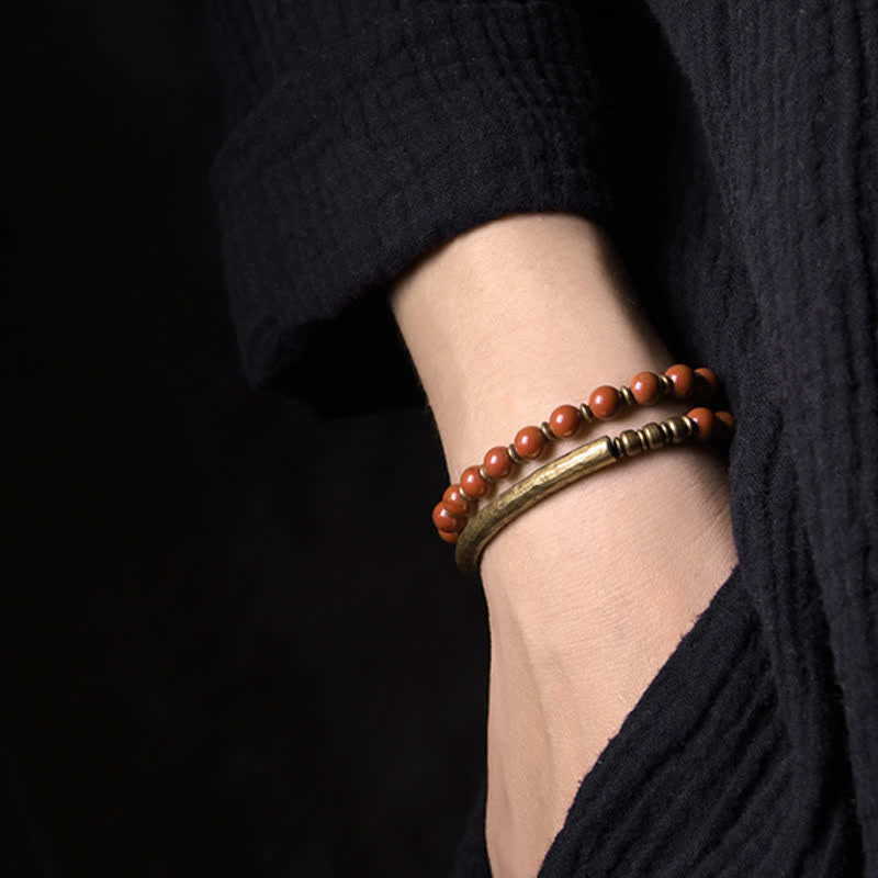 Buddha Stones Red Jasper Moss Agate Black Obsidian Crystal Copper Peace Couple Bracelet - image 1