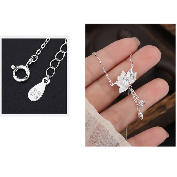 Buddha Stones 999 Sterling Silver Lotus Flower Pod Carved Enlightenment Necklace Pendant - image 6