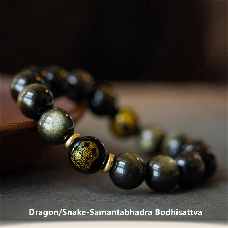 Buddha Stones Chinese Zodiac Natal Buddha Gold Sheen Obsidian Wealth Protection Bracelet - Dragon/Snake-Samantabhadra Bodhisattva - image 10