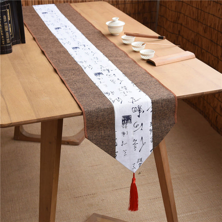 Buddha Stones Classic Chinese Style Lotus Koi Fish Flower Crane Calligraphy Enlightenment Cotton Linen Tassels Table Runner - Brown White Calligraphy - 30*180cm - image 37