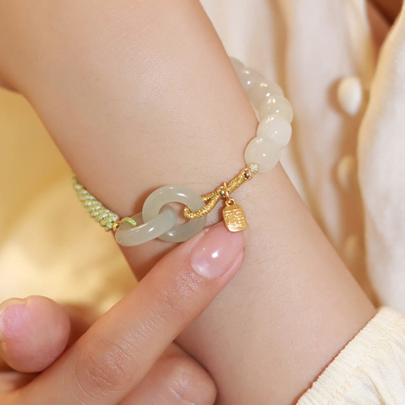Buddha Stones Natural Hetian Jade Bead Double Peace Buckle Fu Character Abundance Braided Bracelet - image 4