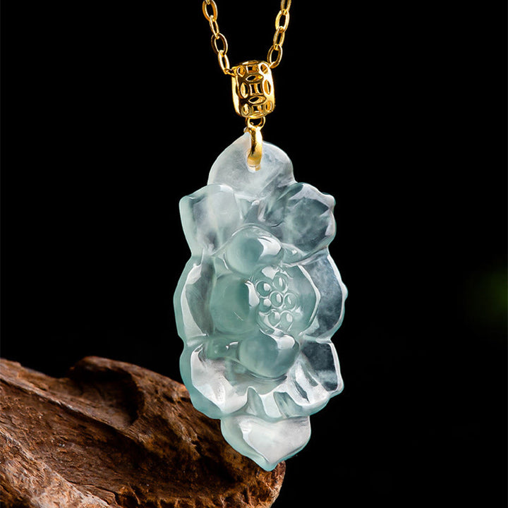 Buddha Stones Natural Jade Lotus Pattern Prosperity Titanium Steel Chain Necklace Pendant - image 3