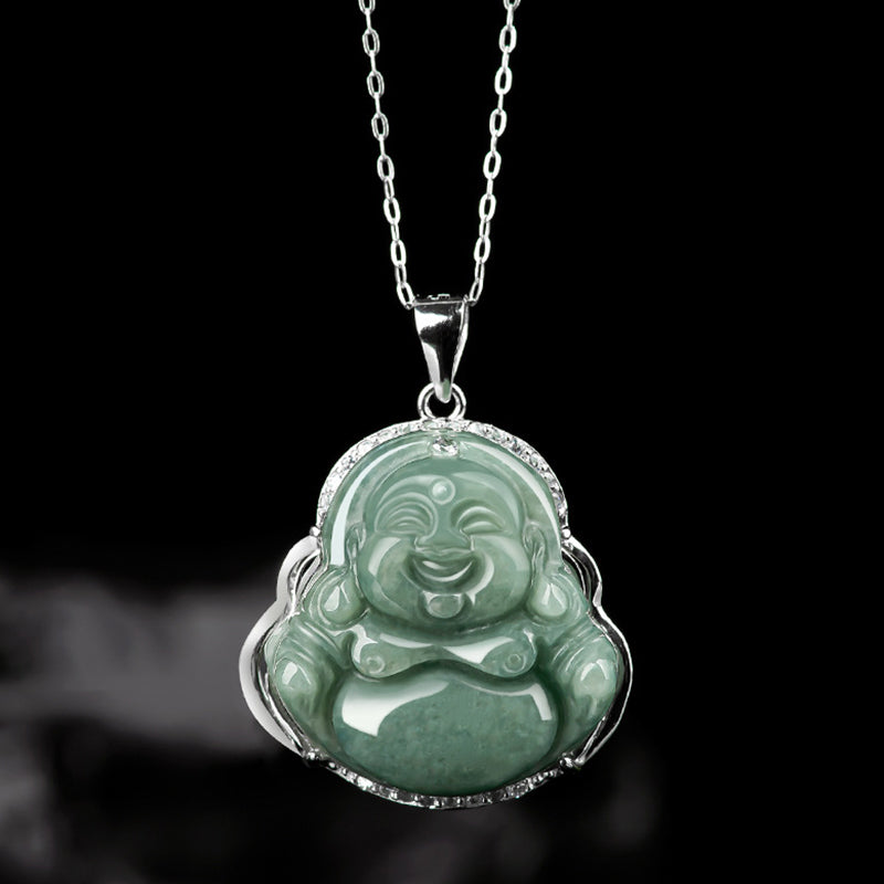 Buddha Stones Laughing Buddha Jade Abundance Necklace Titanium Steel Chain Pendant - image 1