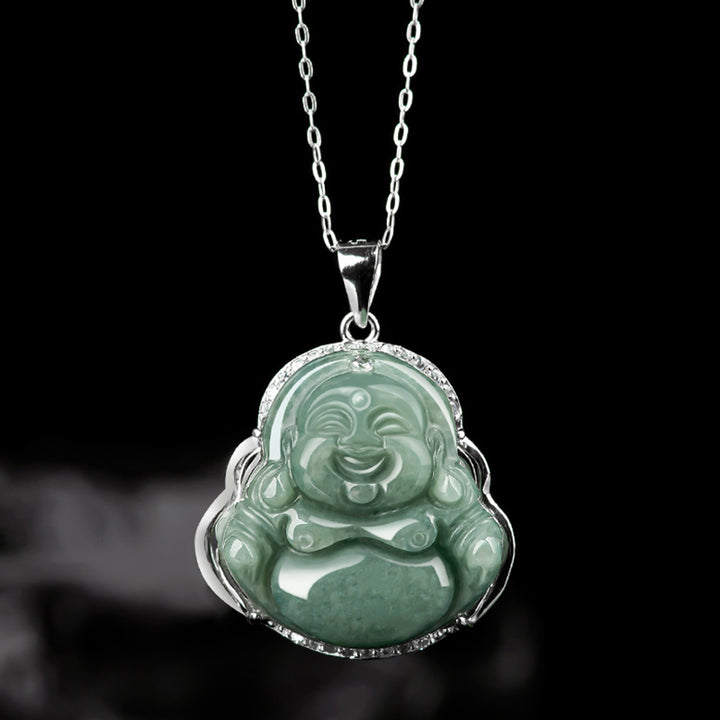 Buddha Stones Laughing Buddha Jade Abundance Necklace Titanium Steel Chain Pendant - image 1