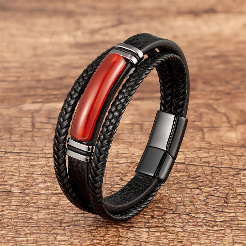 Buddha Stones Natural Stone Green Agate Power Multilayered Braided Leather Bracelet - Red Agate - 23cm - image 7