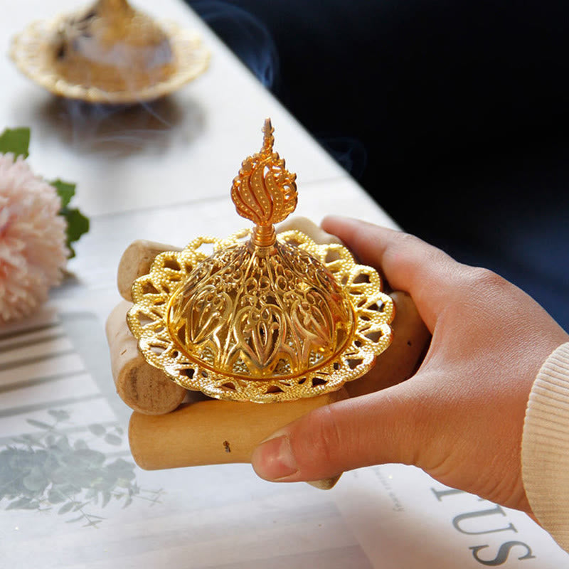 Gold Alloy Healing Mini Incense Burner With Wooden Coaster Home Decor - image 3