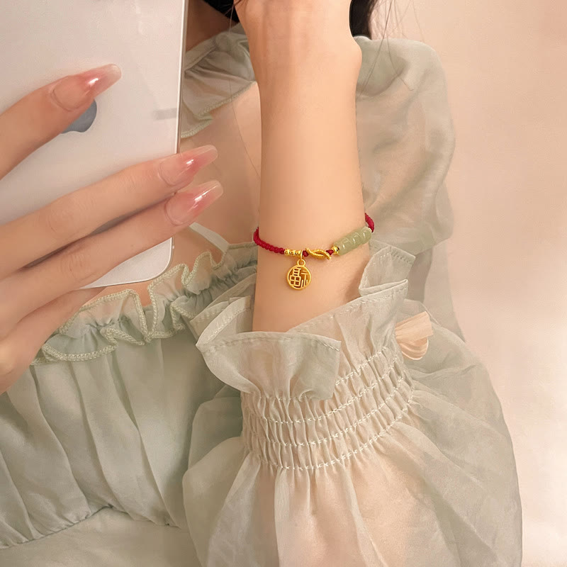 Buddha Stones Handcrafted Jade Bead Fu Character Charm Luck Red Rope Bracelet - image 9