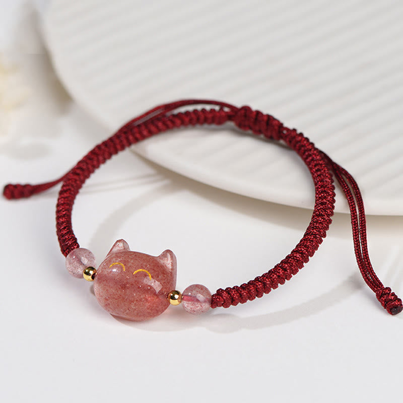 Buddha Stones Handmade Natural Silver Sheen Obsidian Strawberry Quartz Cute Cat Protection Braided Bracelet - image 9