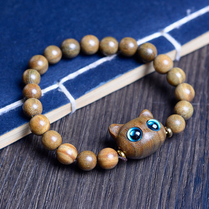 Buddha Stones Ebony Wood Green Sandalwood Red Sandalwood Lovely Cat Balance Bracelet - Green Sandalwood Cat 8mm*20 Beads(Wrist Circumference 14-16cm) - image 8