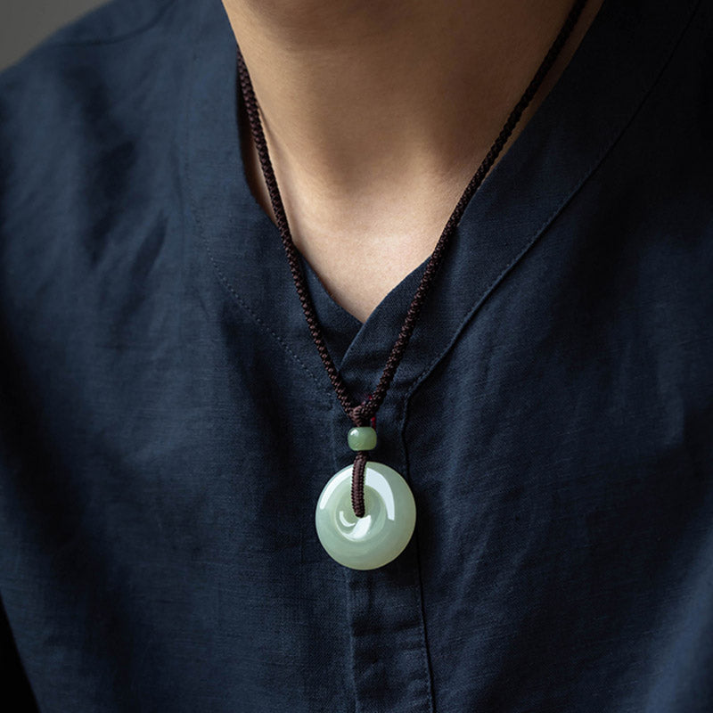 Buddha Stones Natural Round Jade Peace Buckle Luck Prosperity Necklace Pendant - image 3