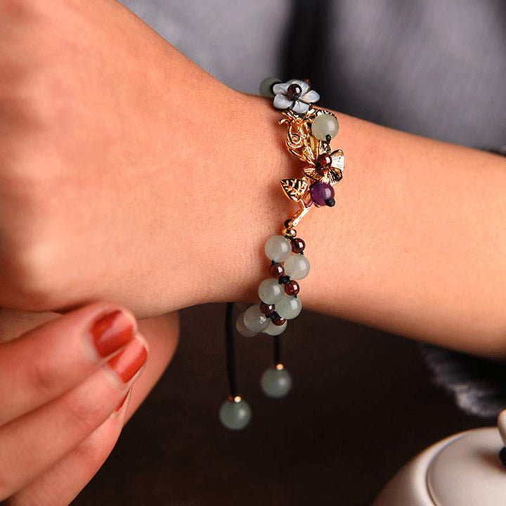 Buddha Stones Green Aventurine Garnet Bead Flower Petal Luck Bracelet - image 2