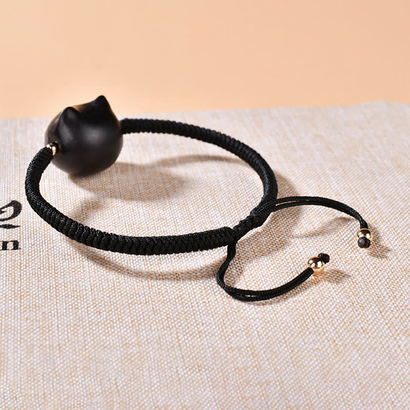 Buddha Stones Ebony Wood Cat Head Pattern Peace King Kong Knot Braided Bracelet - image 16