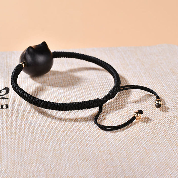 Buddha Stones Ebony Wood Cat Head Pattern Peace King Kong Knot Braided Bracelet - image 16