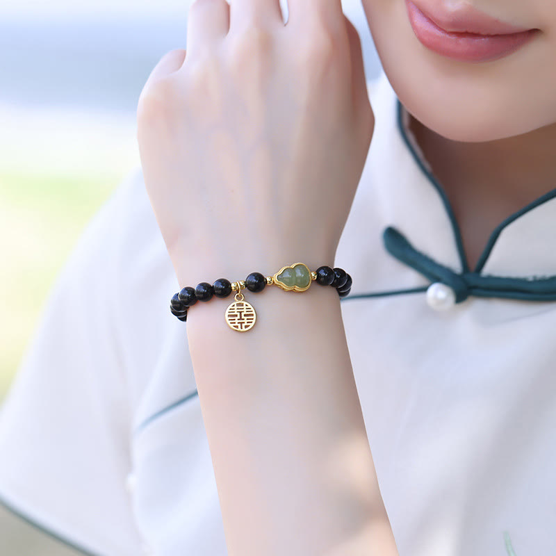 Buddha Stones Natural Black Obsidian Hetian Jade Gourd Double Happiness Strength Bracelet - image 5