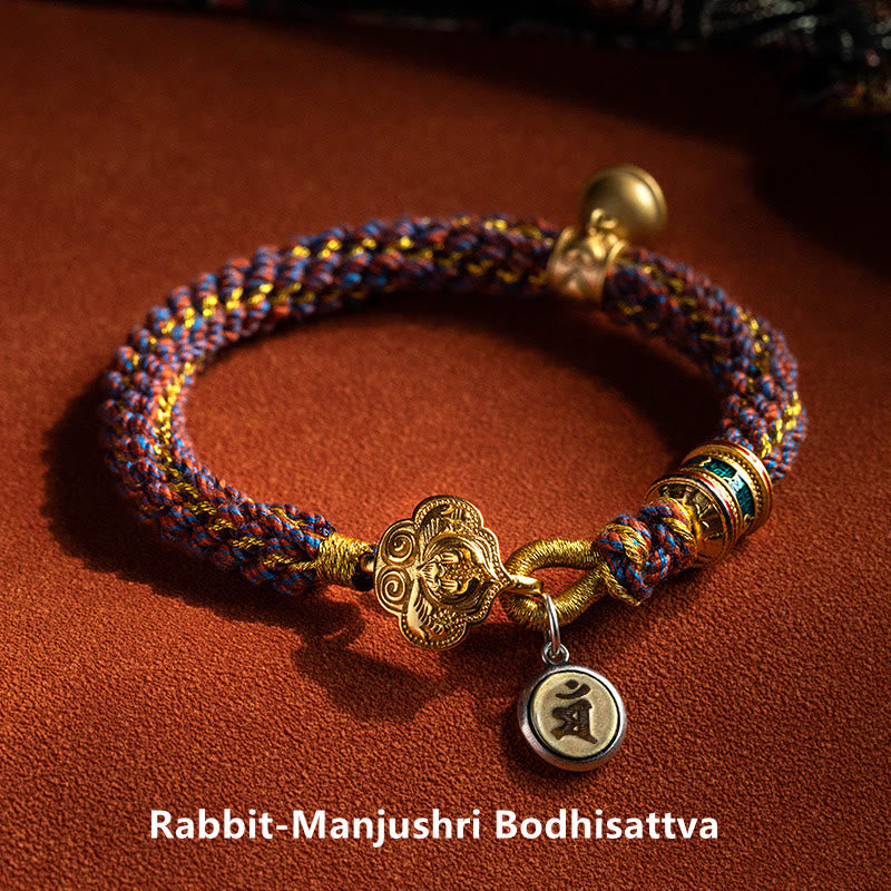 Buddha Stones 925 Sterling Silver Chinese Zodiac Natal Buddha Om Mani Padme Hum Luck Bell Braided String Bracelet - Rabbit-Manjushri Bodhisattva - 17-19cm - image 13