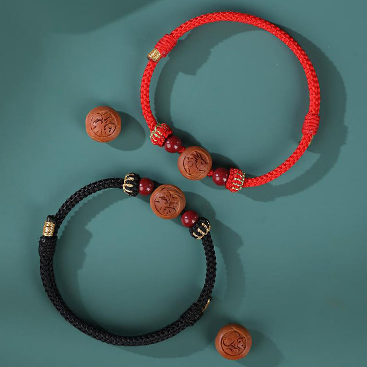 Buddha Stones Natural Peach Wood Chinese Zodiac Fu Character Carved Cinnabar Wealth Bracelet - image 16