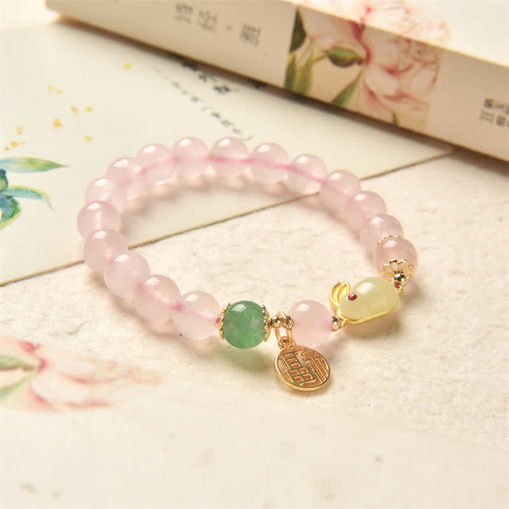 Year of the Rabbit Natural Pink Crystal Green Agate Bunny Love Happiness Bracelet - image 3
