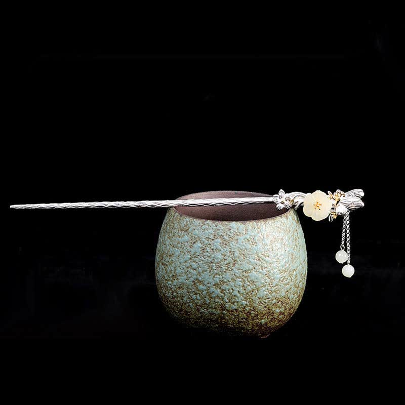 Buddha Stones 925 Sterling Silver Hetian White Jade Flower Blessing Hairpin - image 7