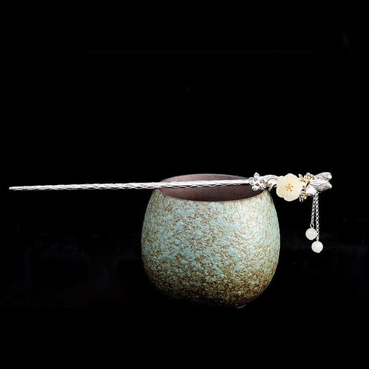 Buddha Stones 925 Sterling Silver Hetian White Jade Flower Blessing Hairpin - image 7